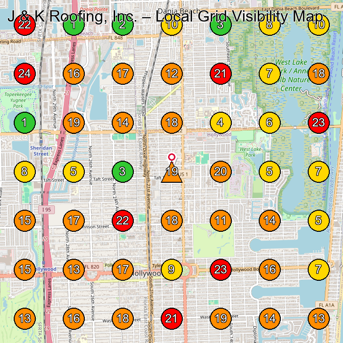 J & K Roofing, Inc. Roofing Contractor GeoGrid ranking map for Hollywood FL